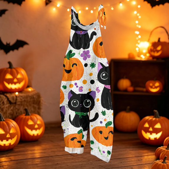 Halloween Jumpsuits for Women Summer Plus Size Boho Holiday Womens Romper Sleeveless Pumpkin Ghost Jumpsuits Rompers Loose Fit Spaghetti Strap Womens Overalls White L