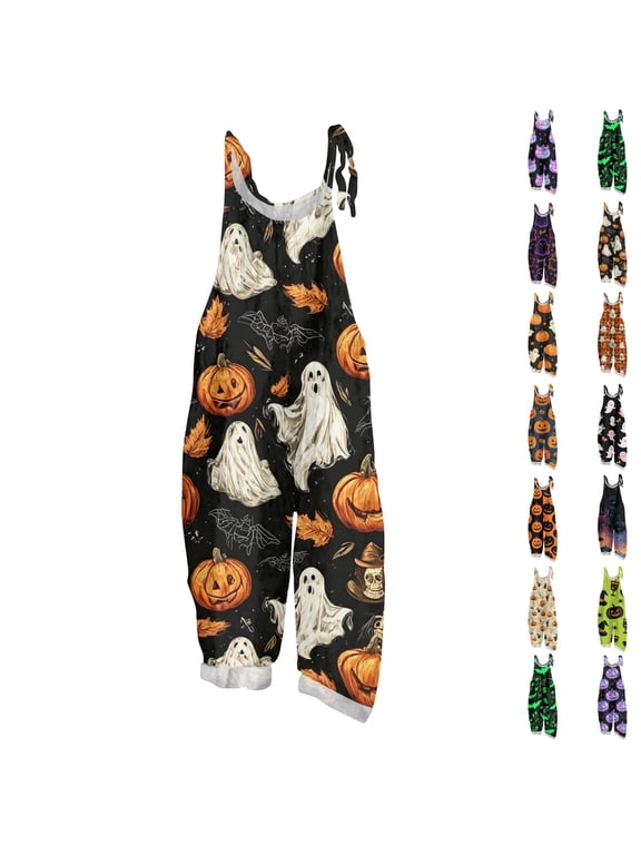 Halloween Jumpsuits for Women 2026 One Piece Sleeveless Pumpkin Print Rompers Pants Adjustable Strap Baggy Overalls,#01 Navy,XL