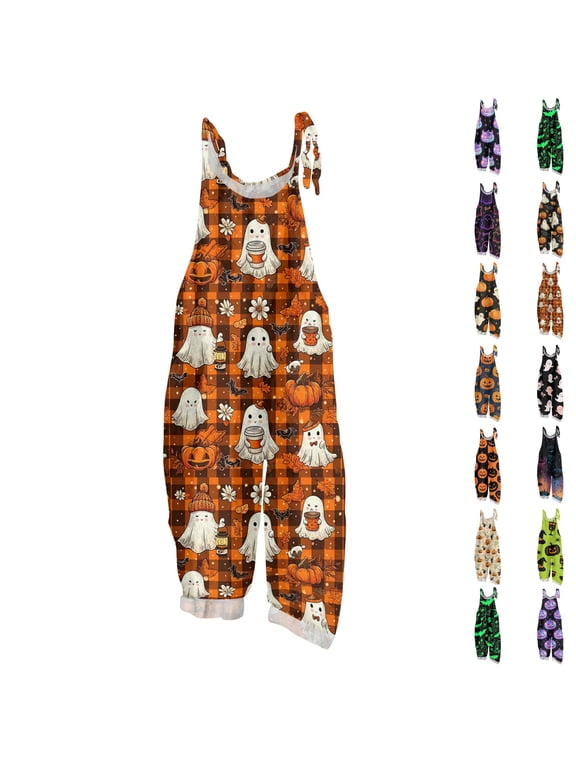 Halloween Jumpsuits for Women 2026 One Piece Sleeveless Pumpkin Print Rompers Pants Adjustable Strap Baggy Overalls,#01 Saffron,S
