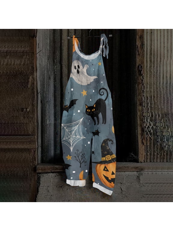 Halloween Jumpsuits for Women 2026 One Piece Sleeveless Pumpkin Print Rompers Pants Adjustable Strap Baggy Overalls