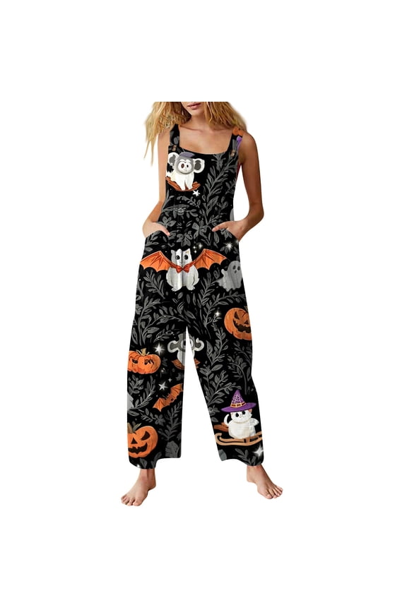 Halloween Jumpsuits for Women Bat Skeleton Sleeveless Backless Spooky Overalls Ghost Castle Wide Leg Funny Rompers, S