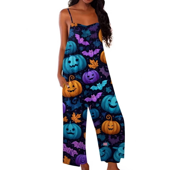 Halloween Jumpsuits for Women Candy Castle Wide Leg Backless Horror Overalls Skeleton Spiderweb Halter Funny Rompers, S
