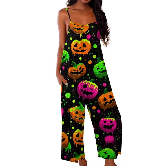 Halloween Jumpsuits for Women Candy Pumpkin Halter Backless Horror Overalls Castle Ghost Wide Leg Funny Rompers, XL