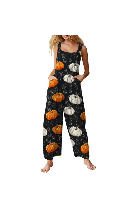 Halloween Jumpsuits for Women Candy Pumpkin Sleeveless Backless Spooky Overalls Skull Skeleton Wide Leg Funny Rompers, S