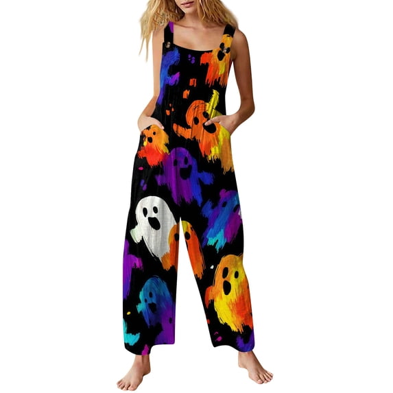 Halloween Jumpsuits for Women Castle Spiderweb Sleeveless Backless Funny Rompers Skull Ghost Wide Leg Horror Overalls, XL