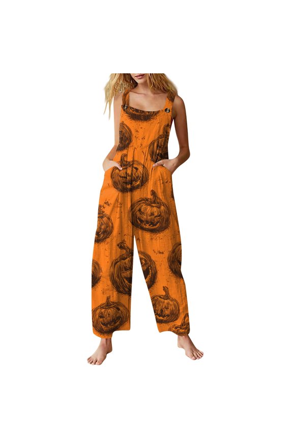 Halloween Jumpsuits for Women Castle Spiderweb Wide Leg Backless Funny Overalls Skeleton Skull Sleeveless Spooky Rompers, S
