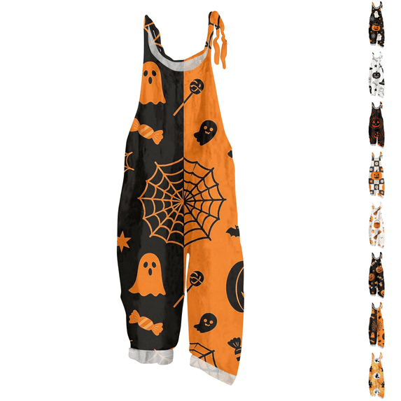 Halloween Jumpsuits for Women Cotton Linen Funny Floral Print Lounge Rompers Funny Floral Print Casual Comfy Overalls with Pockets