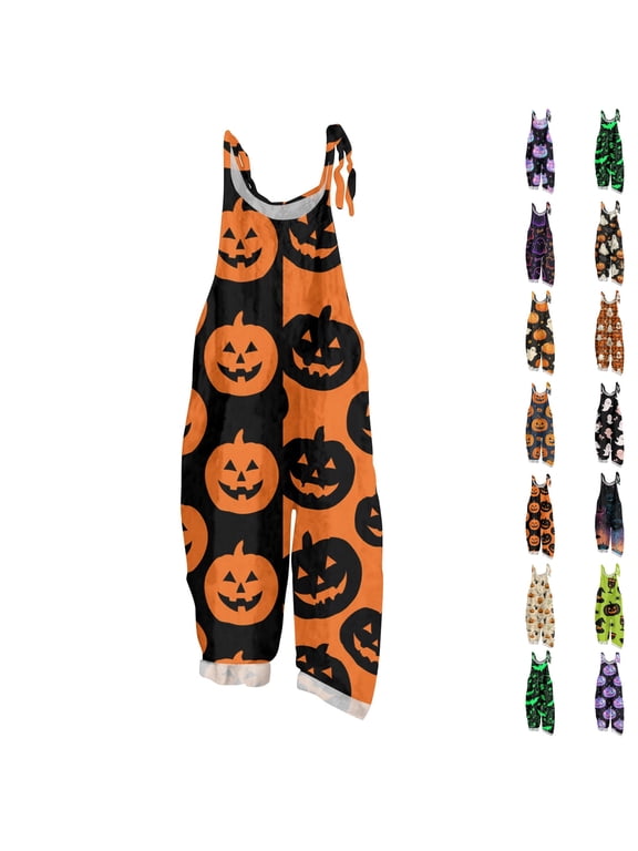 Halloween Jumpsuits for Women Ghost Print Sleeveless Romper One Piece Wide Leg Pants Adjustable Strap Loose Fit Costume Party Outfit,#01 Orange,XL