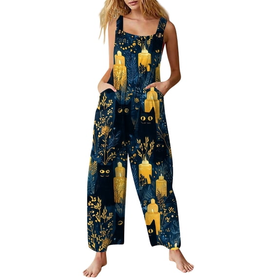 Halloween Jumpsuits for Women Ghost Skeleton Sleeveless Backless Horror Rompers Castle Skull Wide Leg Funny Overalls, S