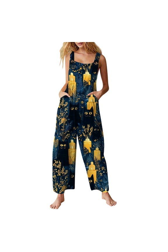 Halloween Jumpsuits for Women Ghost Skeleton Sleeveless Backless Horror Rompers Castle Skull Wide Leg Funny Overalls, S