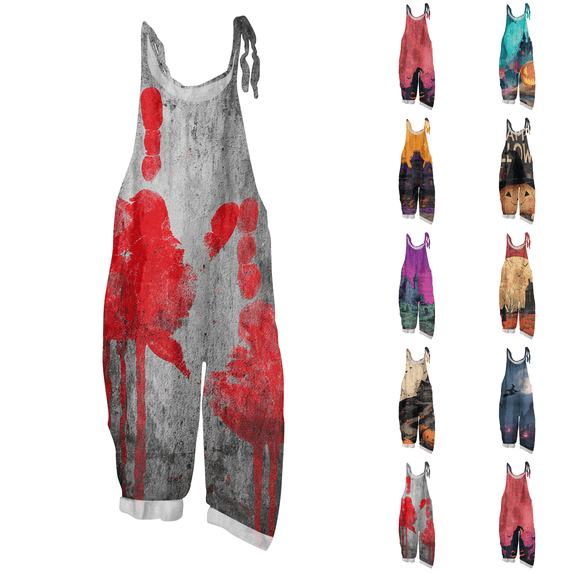 Halloween Jumpsuits for Women Linen Oversized Sleeveless Dressy Floral Print Adjustable Strap Rompers