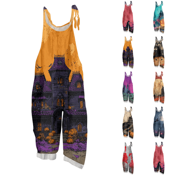 Halloween Jumpsuits for Women Linen Oversized Sleeveless Dressy Floral Print Adjustable Strap Rompers