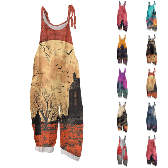 Halloween Jumpsuits for Women Linen Oversized Sleeveless Dressy Floral Print Adjustable Strap Rompers