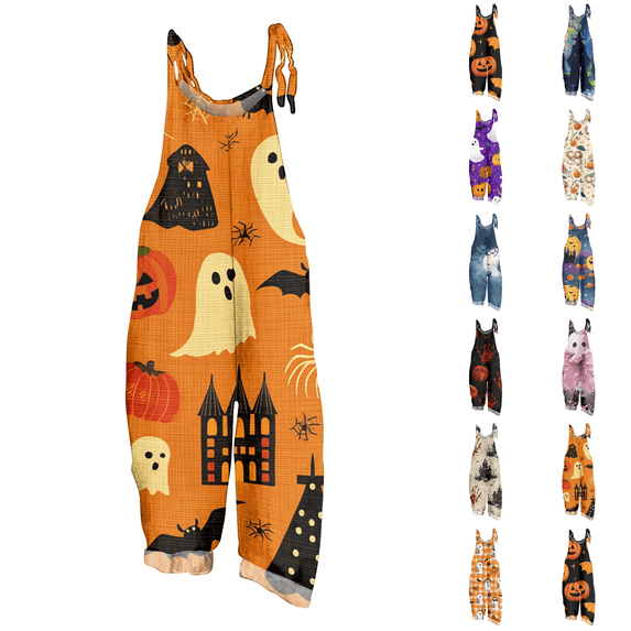 Halloween Jumpsuits for Women Linen Spaghetti Straps Wide Leg Overalls Floral Print Long Rompers