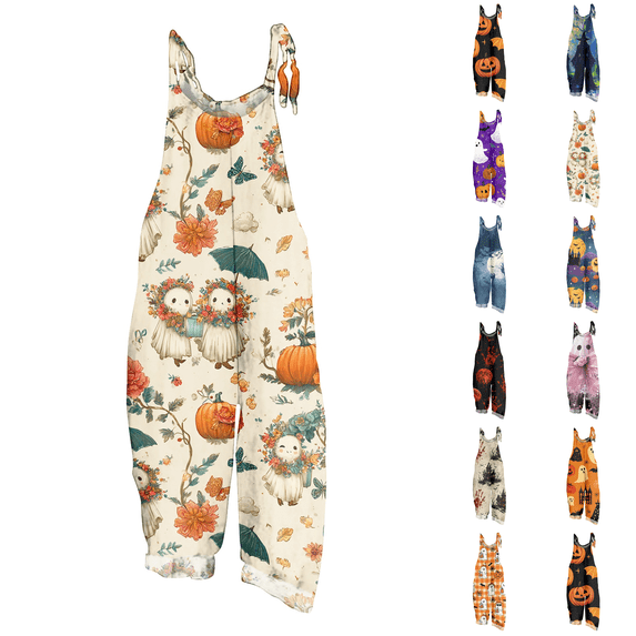 Halloween Jumpsuits for Women Linen Spaghetti Straps Wide Leg Overalls Floral Print Long Rompers