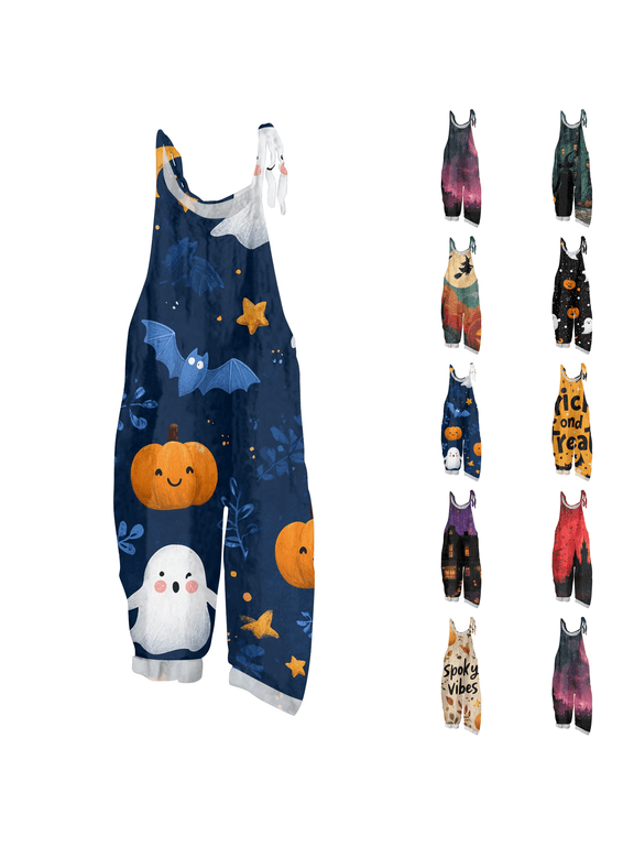 Halloween Jumpsuits for Women One Piece Sleeveless Floral Print Linen Rompers Pants with Pocket Baggy Overalls