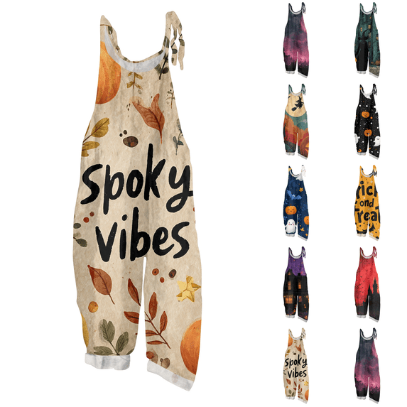 Halloween Jumpsuits for Women One Piece Sleeveless Floral Print Linen Rompers Pants with Pocket Baggy Overalls