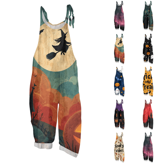 Halloween Jumpsuits for Women One Piece Sleeveless Floral Print Linen Rompers Pants with Pocket Baggy Overalls