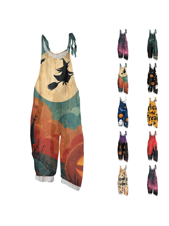 Halloween Jumpsuits for Women One Piece Sleeveless Floral Print Linen Rompers Pants with Pocket Baggy Overalls