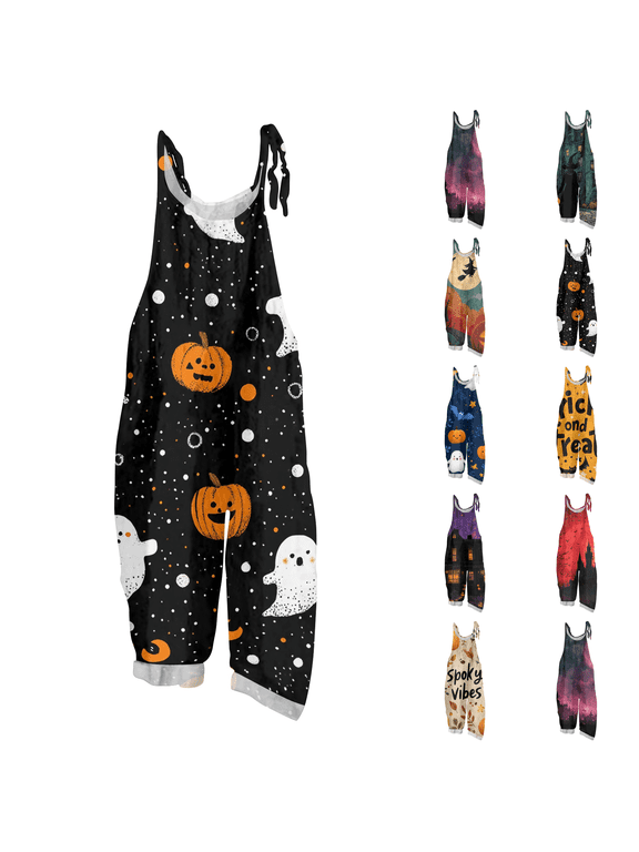 Halloween Jumpsuits for Women One Piece Sleeveless Print Linen Rompers Pants with Pocket Baggy Overalls
