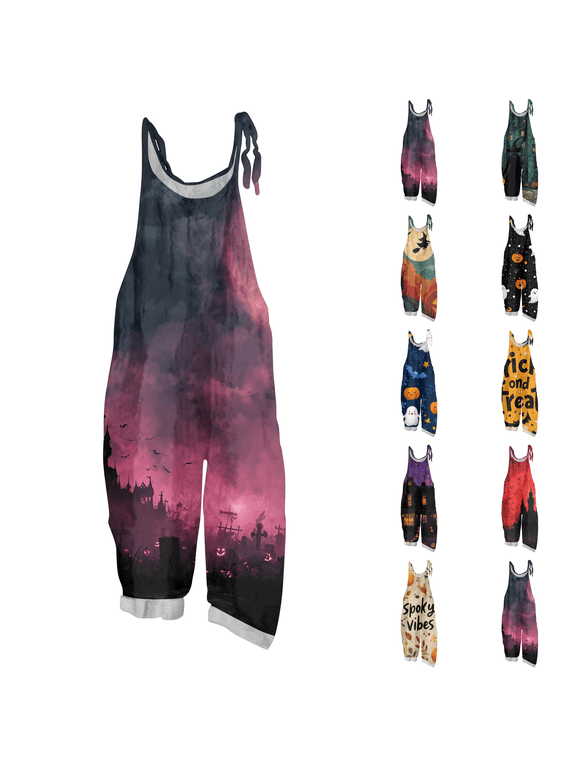 Halloween Jumpsuits for Women One Piece Sleeveless Print Linen Rompers Pants with Pocket Baggy Overalls