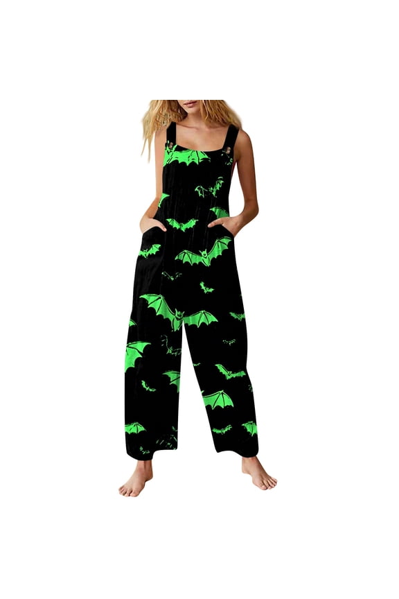 Halloween Jumpsuits for Women Skeleton Ghost Wide Leg Backless Spooky Overalls Spiderweb Castle Halter Funny Rompers, S