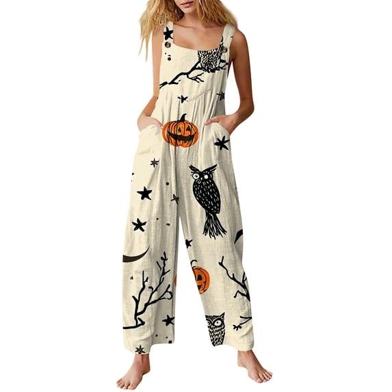 Halloween Jumpsuits for Women Skull Skeleton Sleeveless Backless Horror Overalls Castle Witch Hat Wide Leg Funny Rompers, 2XL