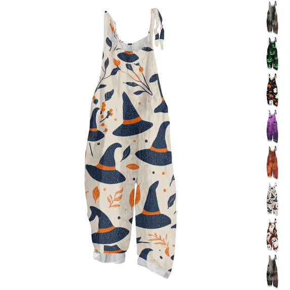 Halloween Jumpsuits for Women Spaghetti Strap Overalls Floral Print Loose Sleeveless Linen Romper