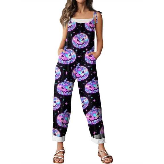 Halloween Jumpsuits for Women Spaghetti Strap Overalls Holiday Womens One Piece Pumpkin Ghost Wide Leg Rompers Pants With Pockets