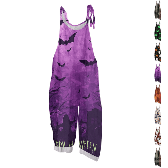 Halloween Jumpsuits for Women Spaghetti Strap Overalls Print Loose Sleeveless Linen Romper