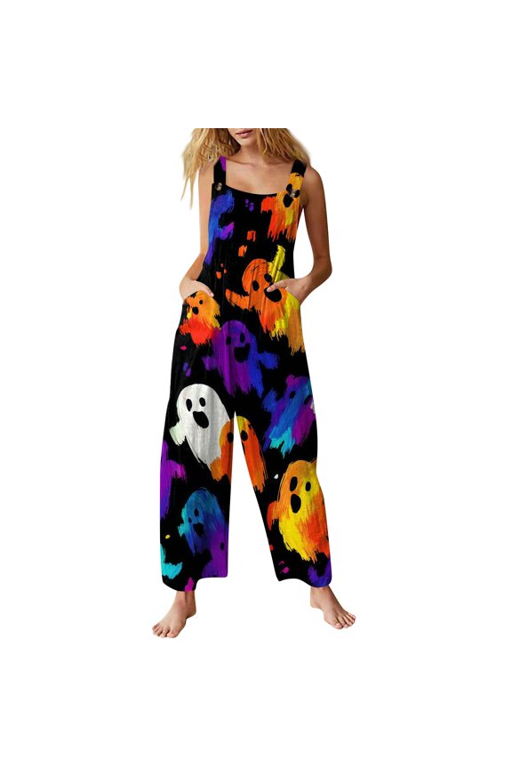 Halloween Jumpsuits for Women Spiderweb Ghost Halter Backless Horror Rompers Skeleton Castle Wide Leg Funny Overalls, S