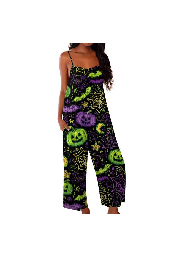 Halloween Jumpsuits for Women Spiderweb Witch Hat Wide Leg Backless Spooky Rompers Pumpkin Skull Halter Horror Overalls, S