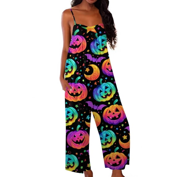 Halloween Jumpsuits for Women Witch Hat Candy Wide Leg Backless Spooky Overalls Pumpkin Skull Halter Funny Rompers, S