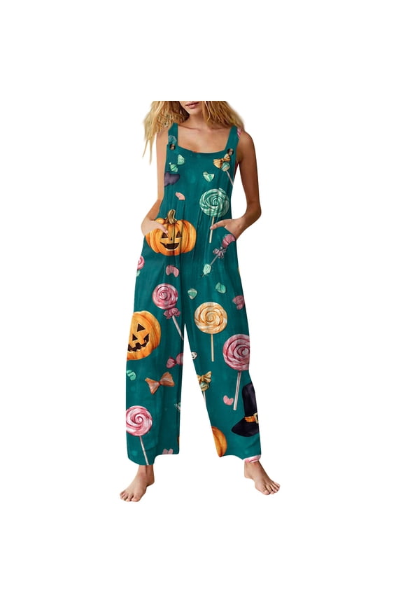 Halloween Jumpsuits for Women Witch Hat Pumpkin Wide Leg Backless Horror Rompers Bat Skull Halter Funny Overalls, S