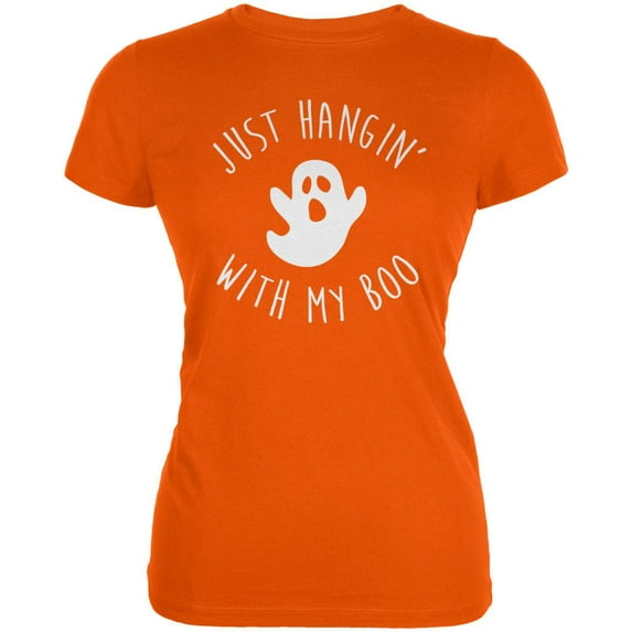 Halloween Just Hangin With My Boo Ghost Juniors Soft T Shirt Orange 2XL