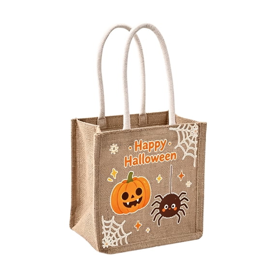 Halloween Jute Tricks Or Treat Bags Reusable Burlap Candy Gift Tote Bag Cute Printed Goodie Bag with Soft Handles for Halloween Party Favors Storage