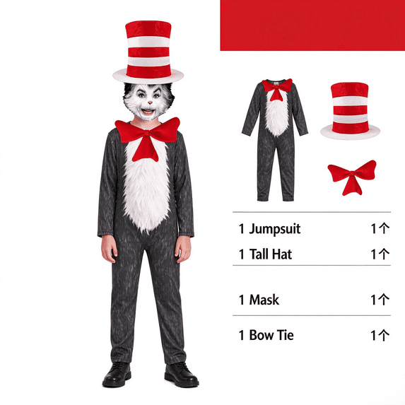Halloween K"id"s Costume - 4 Piece Cat Cosplay Jumpsuit with Bow Tie, Hat & Mask, Fancy Dress Up Onesie Outfits for Halloween Nights Party, Size:140