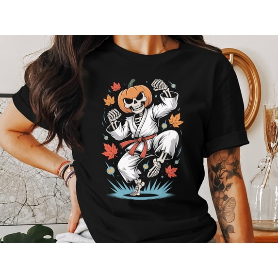 Halloween Karate Skeleton T-Shirt, Fall Sweatshirt, Funny Pumpkin Hoodie, Unisex Spooky Season Apparel, Karate Costume, Unique Art