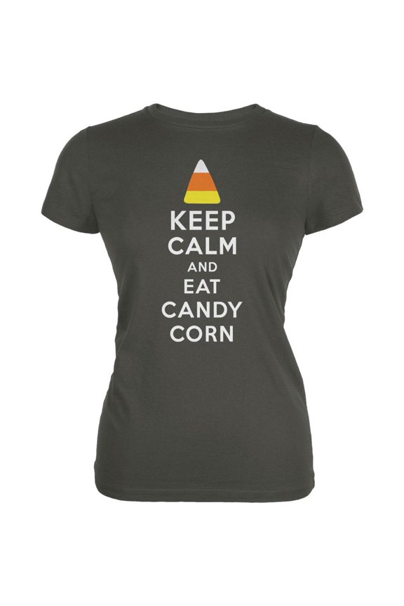 Halloween Keep Calm Candy Corn Asphalt Juniors Soft T-Shirt - Medium