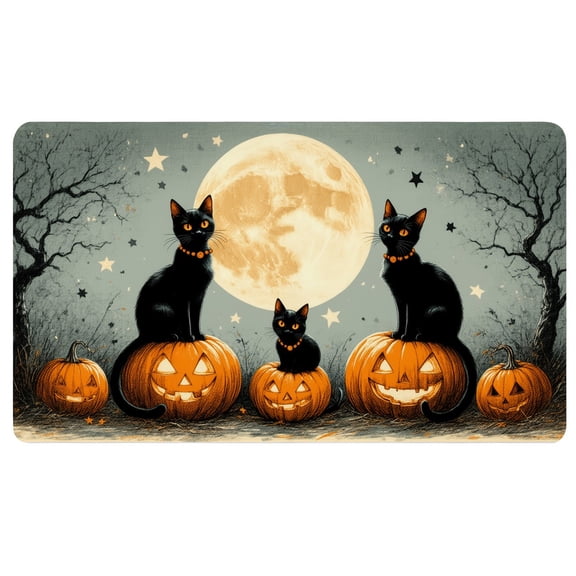 Halloween Keyboard Mat,A group of black cats sitting on top of pumpkins in front of a full moon,Anti Slip Desk Pad,Desk Mouse Pad Large,Office Mat for Desk
