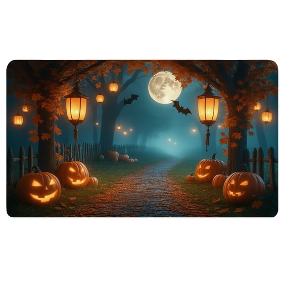 Halloween Keyboard Mat,A path lined with pumpkins and lanterns in front of a full moon,Mouse Pad Non Slip,Long Mouse Pad for Desk,Computer Pads for a Desk