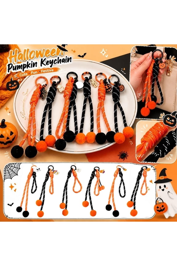 Halloween Keychain, Black Paracord Wristlet, Fuzzy Pom Bag Charm, Trick Or Treat Party Favor, 7X2 Inch Reflective Paracord Accessory with Smooth Key Ring for Car Keys, Backpacks