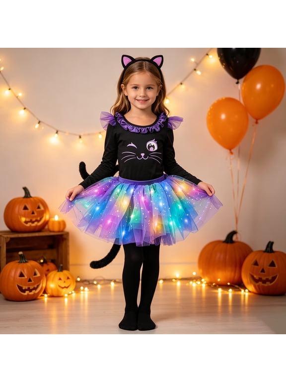 Halloween Kids Black Cat Dress Mesh Tutu Dress Girls Role Play Outfit 3-10 Years
