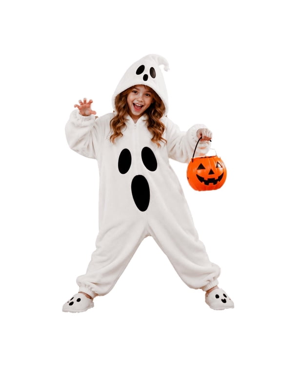 Halloween Kids Ghost Onesie Cute Hooded Halloween Ghost Jumpsuits Novelty Trendy Cute Flannel Romper Unisex Outfit Fall Winter