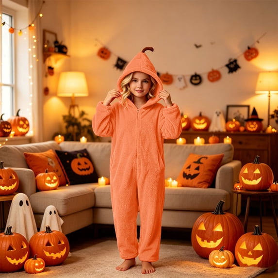 Halloween Kids' Hooded Pumpkin Costume, Plush Full-Zip Onesie with Pumpkin Calyx Hood, Side Pockets, Relaxed Fit for Dress‑Up & Themed Parties, 4-15 Years, Kids Halloween Costume Orange 14-15 Years