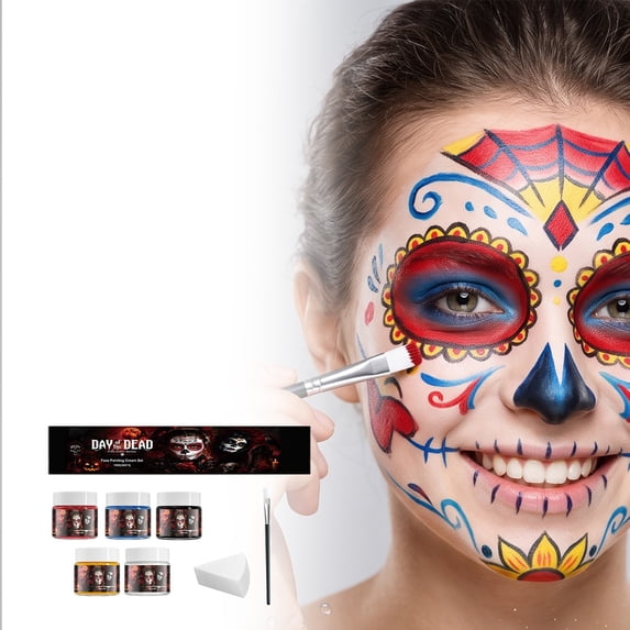 Halloween Kids Makeup Kit with 5 Colors Washable Paint and Paint Sponge, Day of The Dead Sugar Skull Art Set for Student for Halloween Party and Kids Painting Set, Bulk Party
