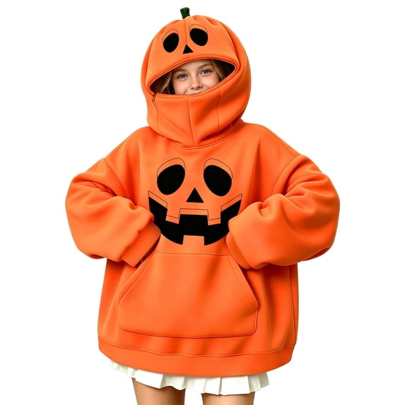 Halloween Kids' Pumpkin Face Print Zip Hoodie, Front Pockets Loose Long Sleeve Casual Pullover, Suitable for Kids Aged 5-16 Years, Kids Halloween Costumes Orange i 7-8 Years