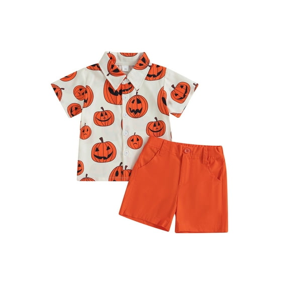 Halloween Kids Toddler Baby Boy Gentleman Outfits Pumpkin Print Short Sleeve Button Down Shirt and Shorts Set