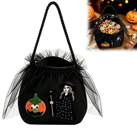 Halloween Kids Trick Or Treat Candy Bag, Witch Pumpkin Embroidery Non‑Woven Handbag With Handle, Reusable Goodie Gift Pouch For Halloween Party, Black