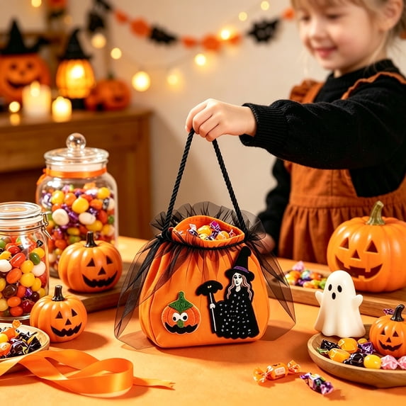 Halloween Kids Trick Or Treat Candy Bag, Witch Pumpkin Embroidery Non‑Woven Handbag With Handle, Reusable Goodie Gift Pouch For Halloween Party, Orange